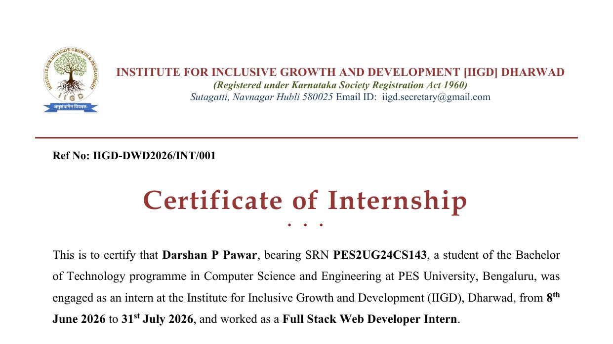 Certificate of Internship issued by IIGD Dharwad to Darshan P Pawar