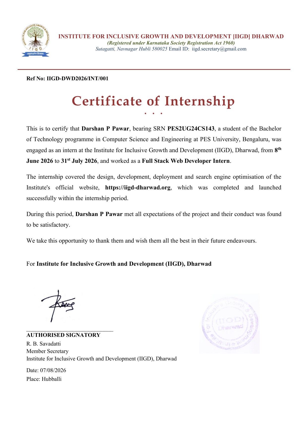 Certificate of Internship issued by IIGD Dharwad to Darshan P Pawar